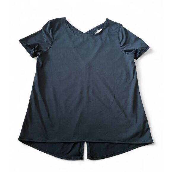 Avia Women’s Black Activewear Top L Cross Back Slit Hem Recycled Stretch Tee - Picture 2 of 7